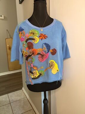 Blue the ugly girl heavy weight Tee with Multicolor beaded/textured mushrooms
